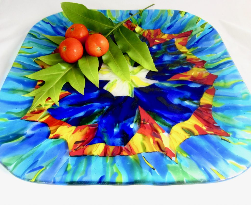 Caron Art Glass fused glass table ware platter Starburst hand raked fused glass turquoise red yellow blue square