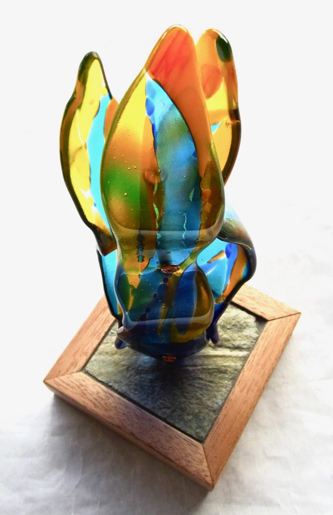 Caron Art Glass fused glass sculpture wedding gift Sunshine of You Love turquoise orange yellow blue 3 elements copper slate wood base