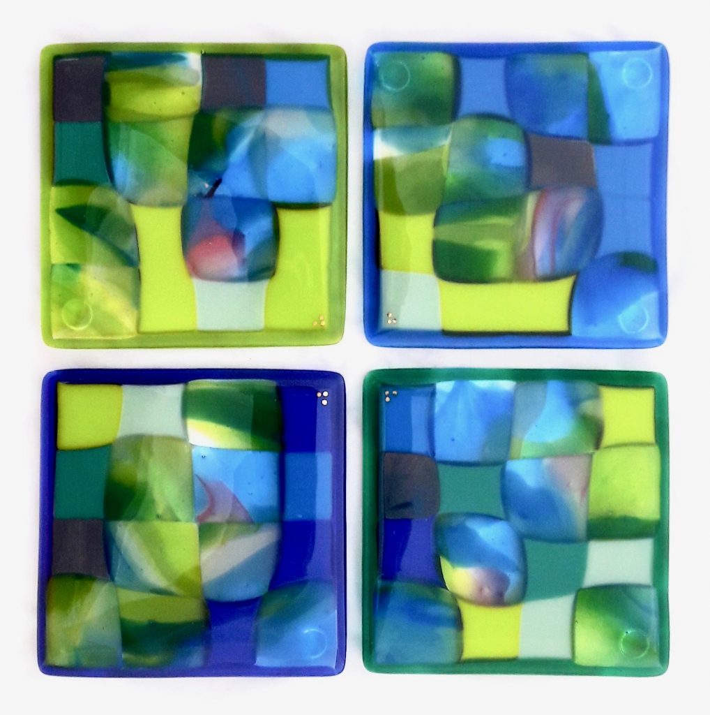 Caron Art Glass fused glass table ware coasters Then and Now hand raked glass blue green turquoise square