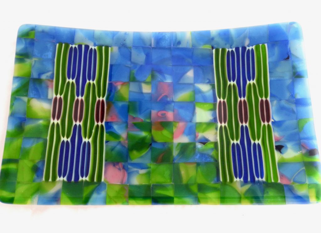 Caron Art Glass Michelle Caron fused glass table ware platter green blue Then and Now hand raked glass blue pink green rectangle
