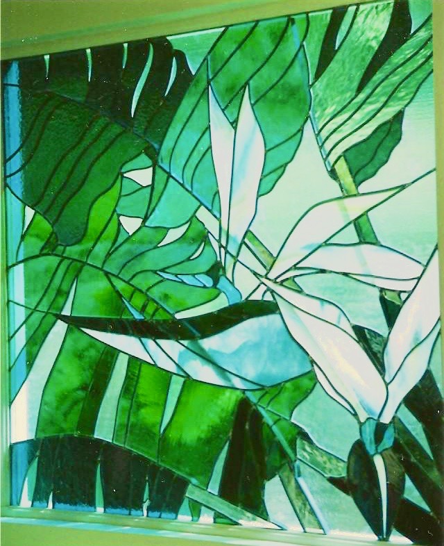 Caron Art Glass architectural art glass privacy window Traveler Palm stained glass tropical plants green white square