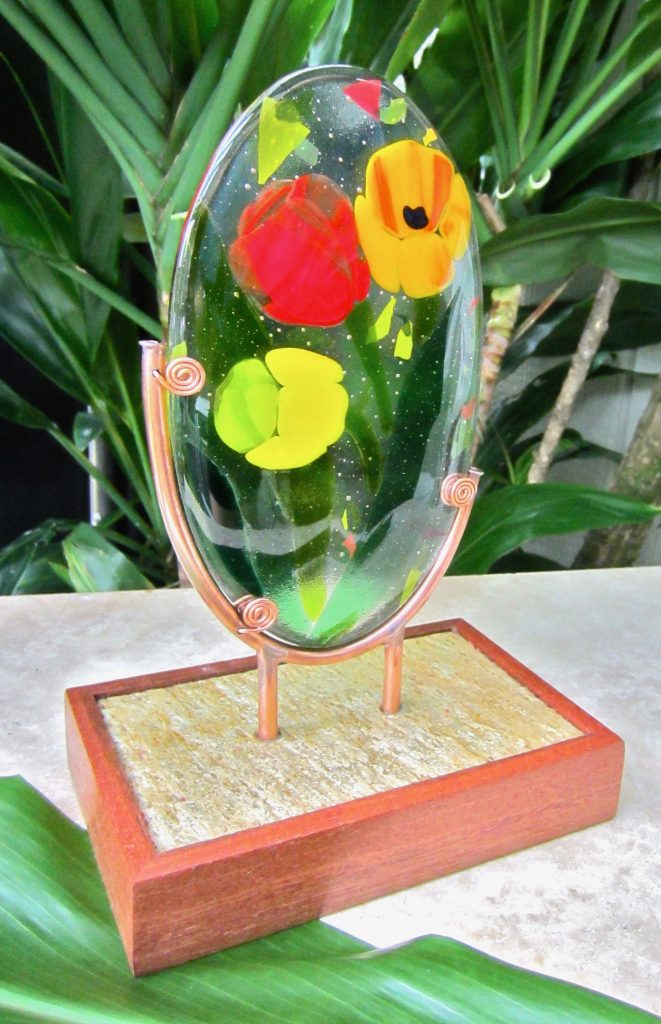 Caron Art Glass fused glass sculpture parent gift Tulips flowers orange yellow red oval copper slate wood