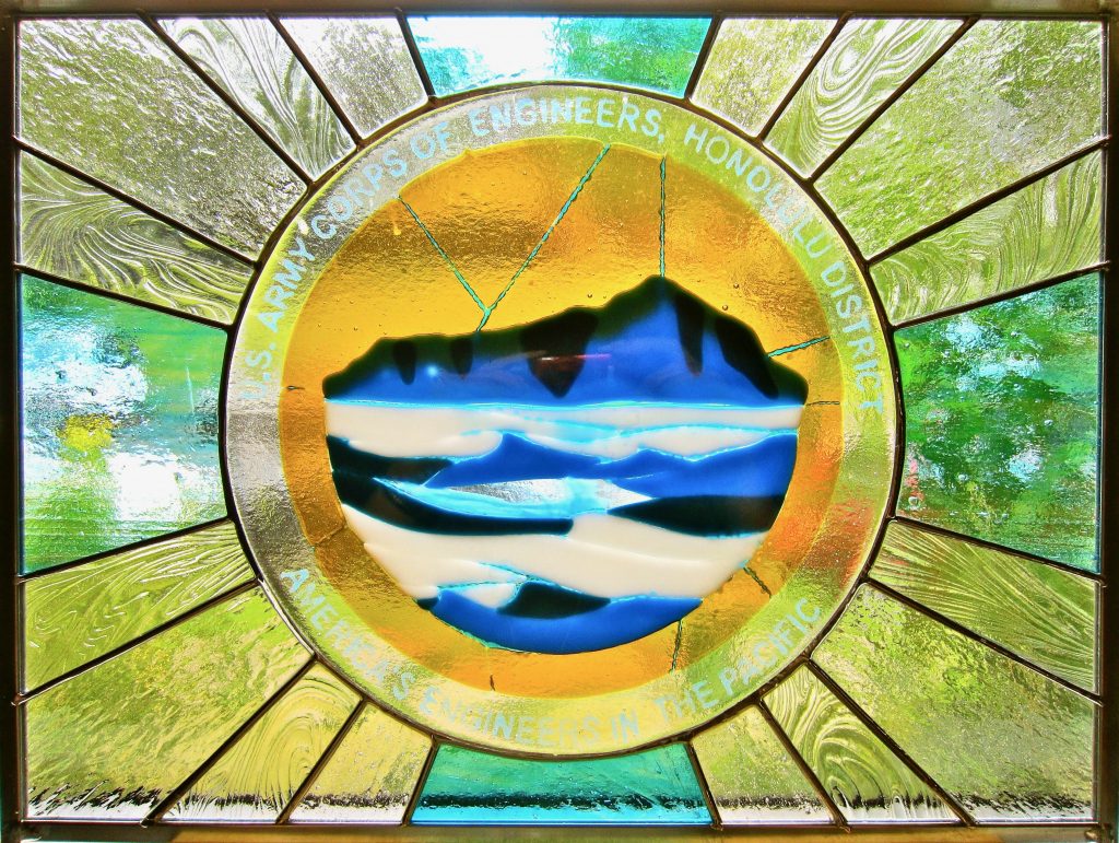 Caron Art Glass stained glass panels change of command gift US Army Corp of Engineers 1 fused glass hand painted details logo ocean Ko`olau mountains turquoise amber blue white clear zinc frame