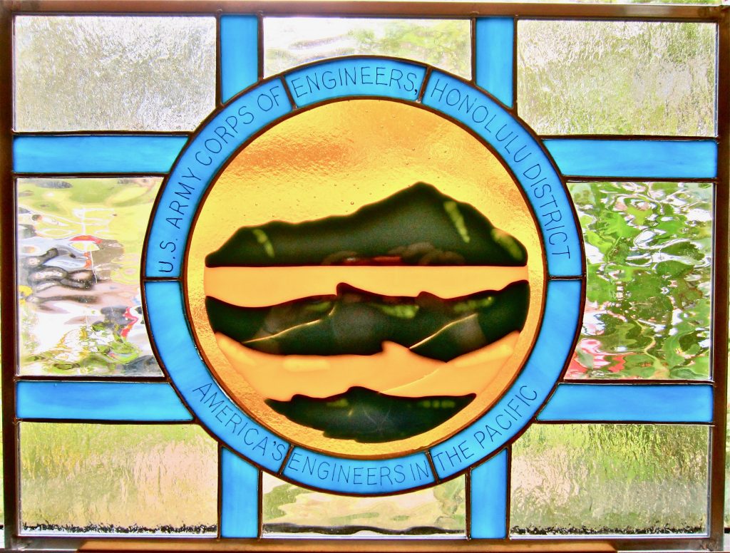 Caron Art Glass stained glass panels change of command gift US Army Corp of Engineers 2 fused glass hand painted details logo ocean Ko`olau mountains turquoise amber blue clear zinc frame