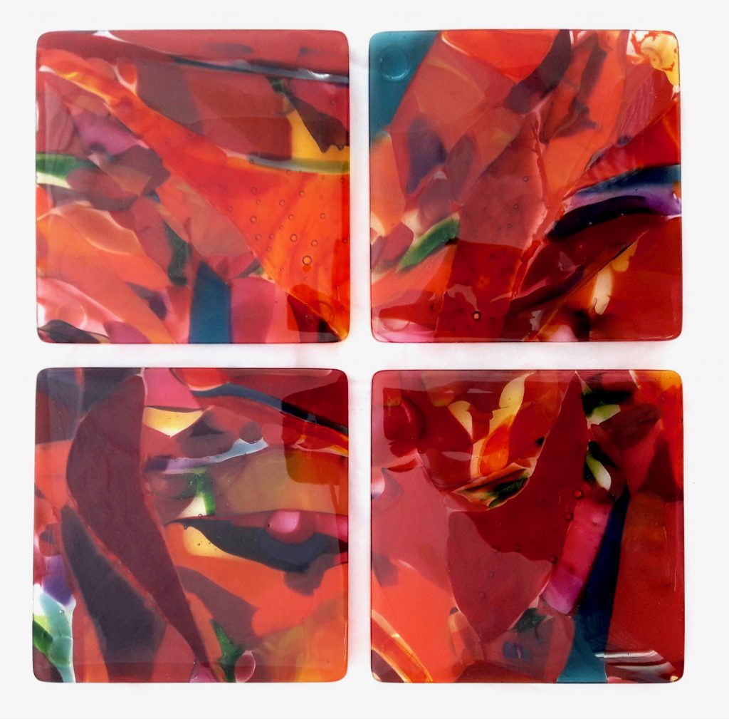 Caron Art Glass fused glass table ware set of coasters `Ula`ula o ke ahi (Red Fire) hand raked glass lava red green purple square
