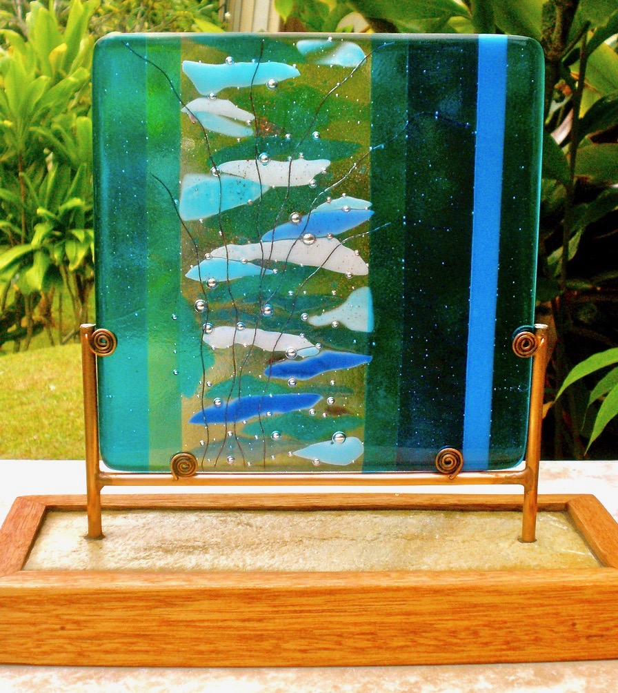 Caron Art Glass fused glass sculpture home decor Under The Sea copper inclusions turquoise blue aqua lavender square copper slate wood base