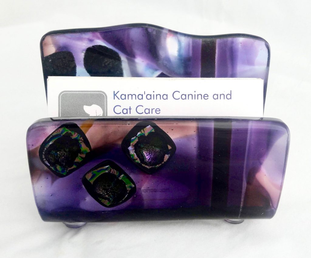 Caron Art Glass fused glass office and library business card holder Violet Diamonds hand raked fused glass kiln formed glass purple plum lavender
