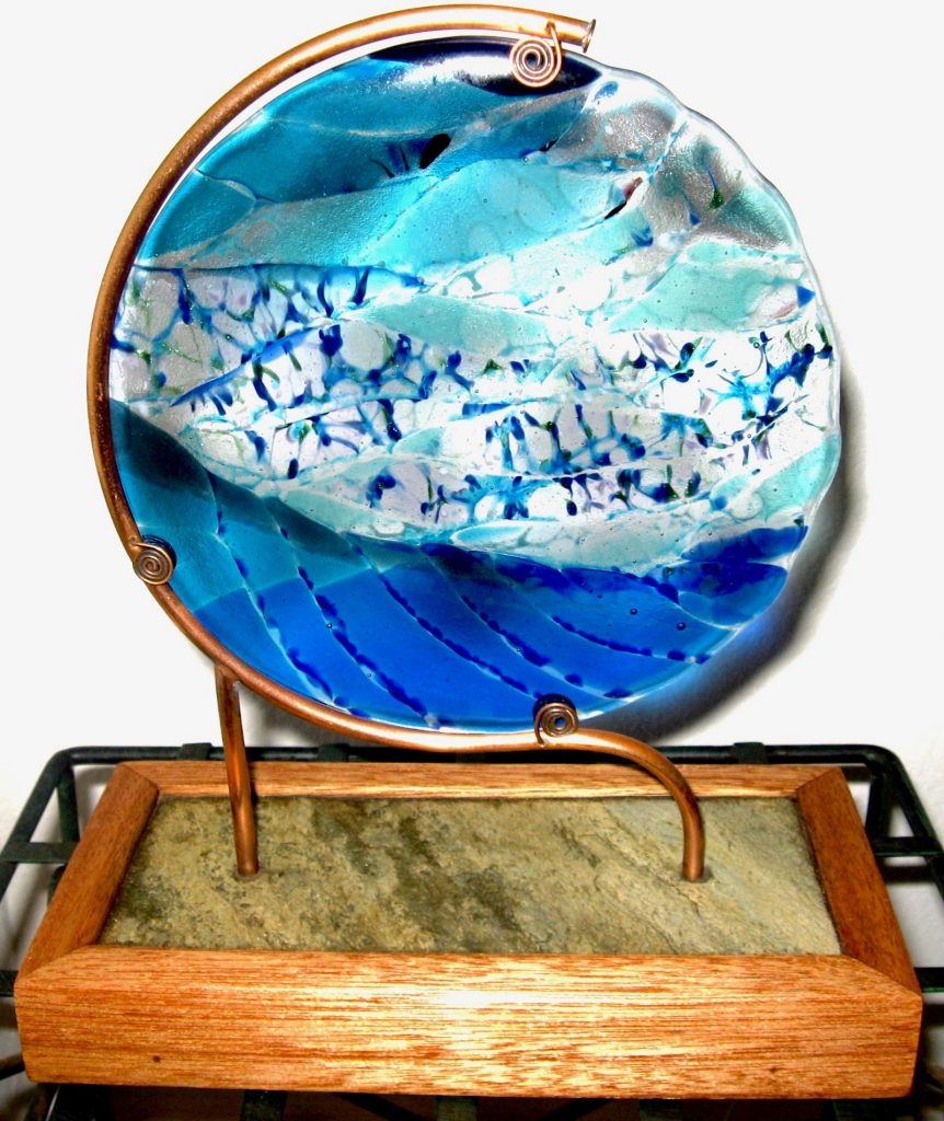 Caron Art Glass fused glass sculpture home decor Waimea Wave blue turquoise aqua round copper slate wood base