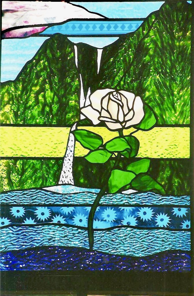 Caron Art Glass stained glass panels wedding gift White Rose etched glass Ko`olau mountains waterfall kapa designs ocean sky clouds rose green turquoise white pink rectangle zinc frame