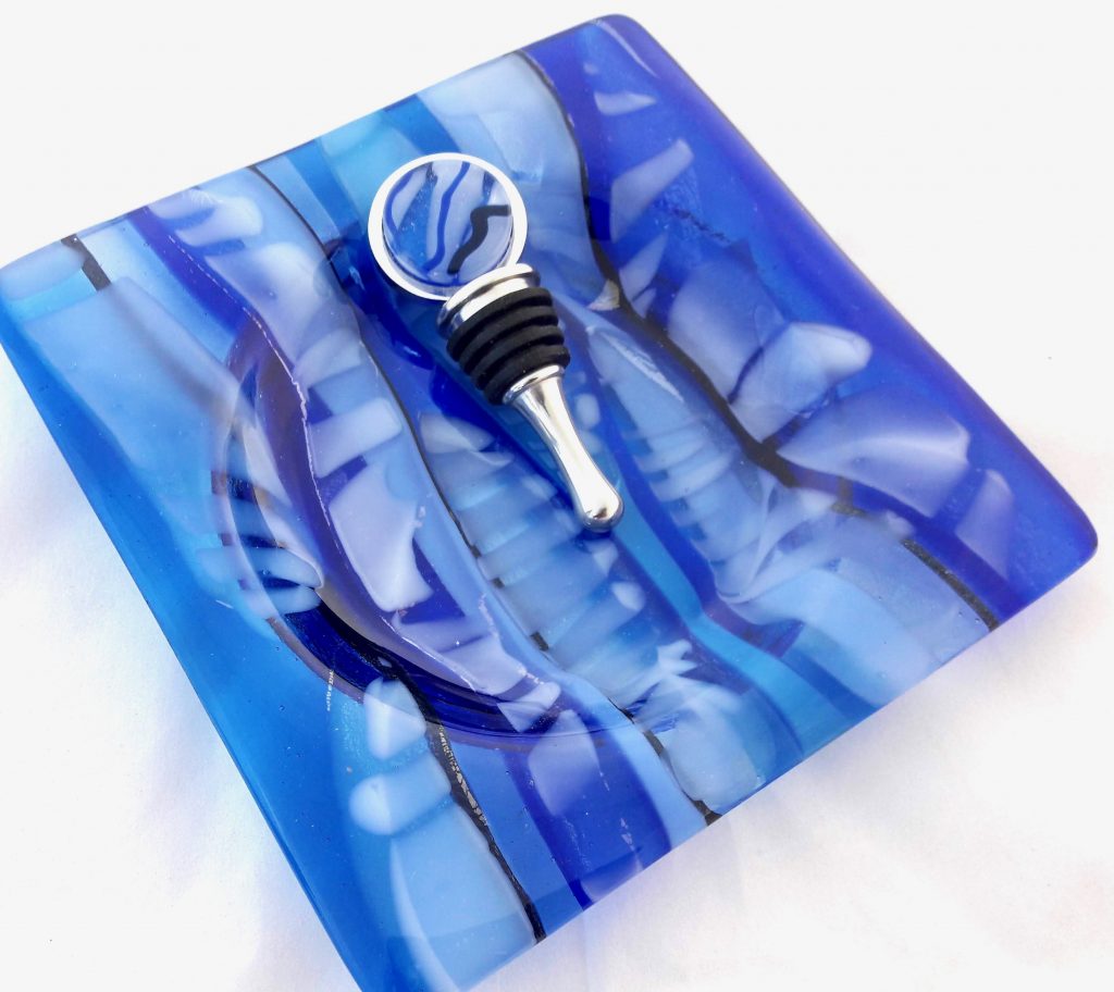 Caron Art Glass fused glass table ware wine bottle coaster wine bottle stopper Winter Moon hand raked glass cold weather blue white hand raked glass square