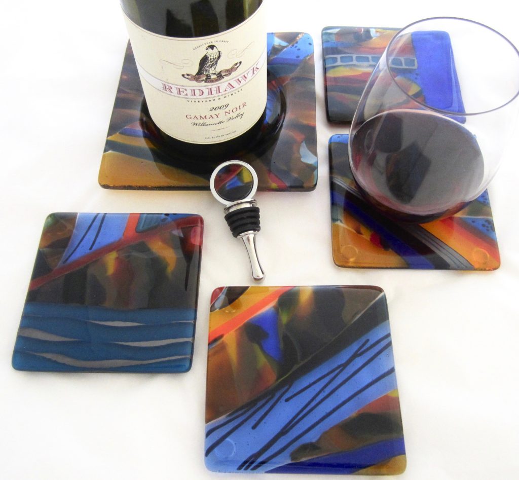 Caron Art Glass fused glass table ware wine bottle coaster, stopper and coaster set Xocolatl hand raked glass blue amber orange brown square round