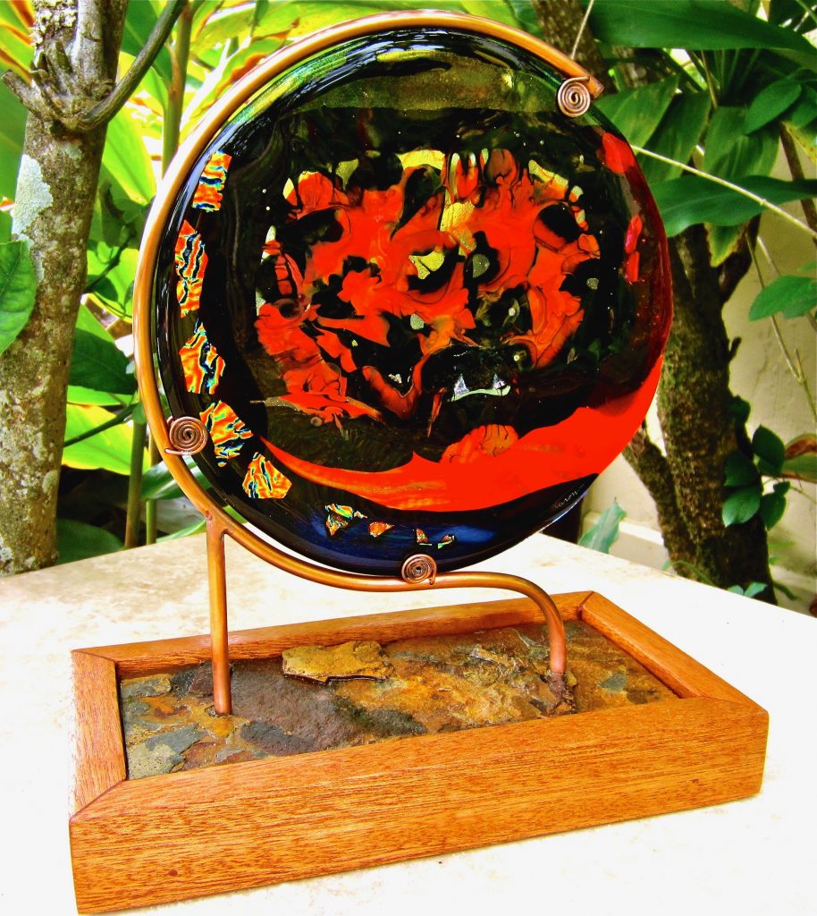 Caron Art Glass fused glass sculpture birthday gift Year of The Dragon hand raked glass dichroic glass red orange black blue round copper slate wood base
