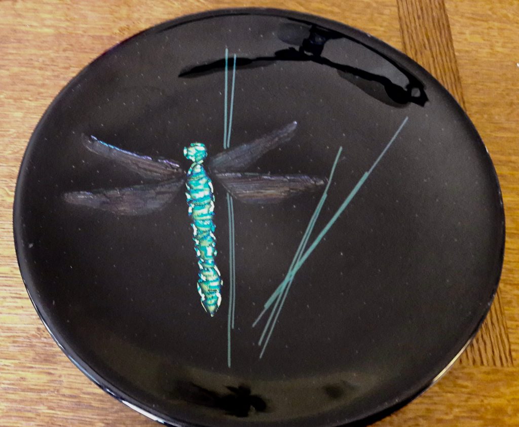 Caron Art Glass fused glass table ware platter Dragonfly black turquoise green round dichroic glass