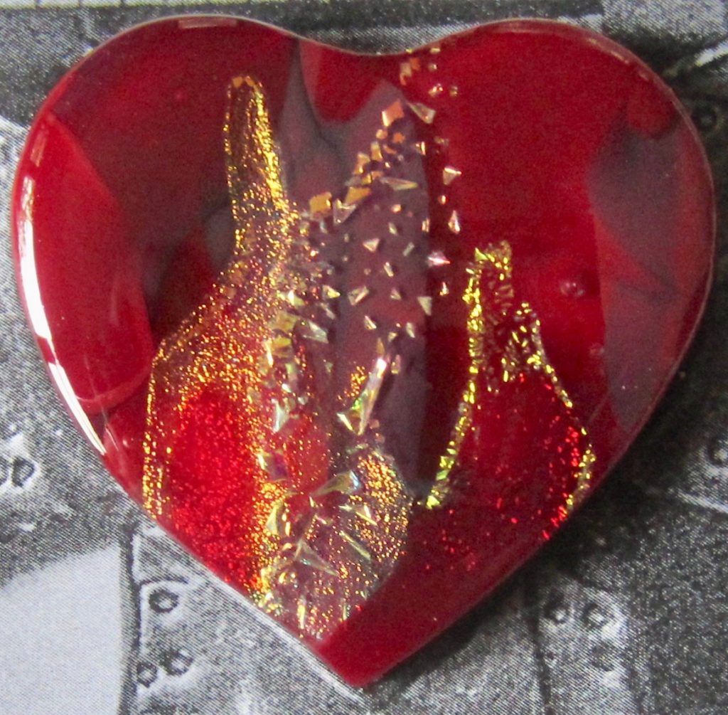 Caron Art Glass fused glass bagatelle ceramic inset Celtic cross Flaming Heart hand raked fused glass heart dichroic glass red