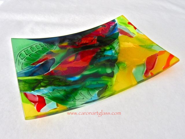 Caron Art Glass fused glass table ware platter Kailua Afternoon hand raked fused glass tropical flowers yellow red green turquoise rectangle