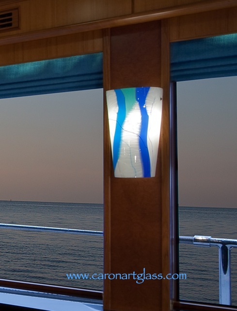 Caron Art Glass art glass lighting wall sconce Rushmore hand raked fused glass ocean white blue aqua marine turquoise