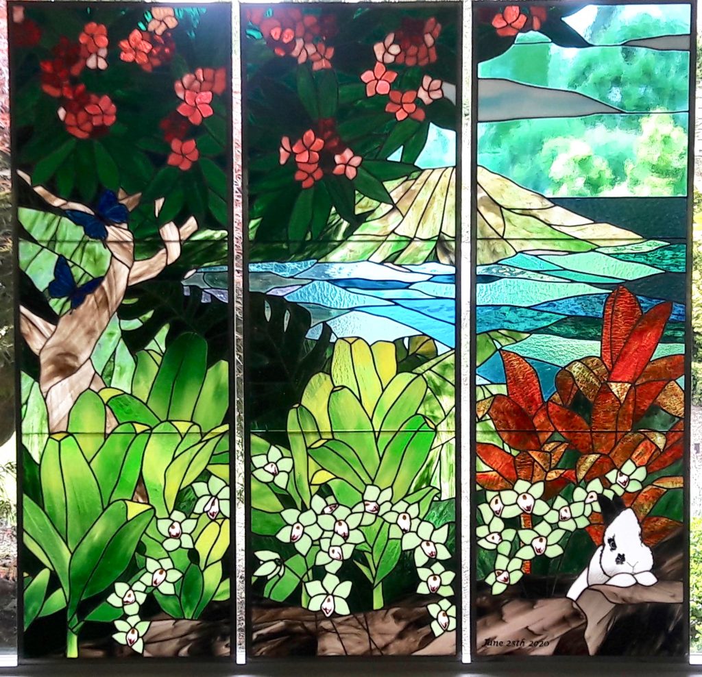 Caron Art Glass Michelle Caron triptych stained glass painted glass Hawaii plumeria orchids Koko Head