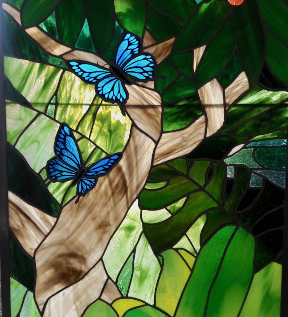 Caron Art Glass Michelle Caron triptych stained glass painted glass Hawaii blue butterflies