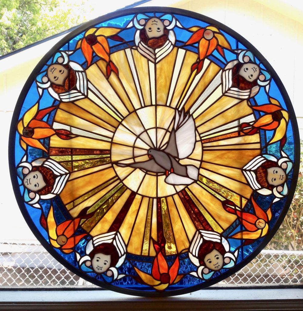 Caron Art Glass Michelle Caron round panel stained glass fused glass painted glass blue amber white red angels flames dove