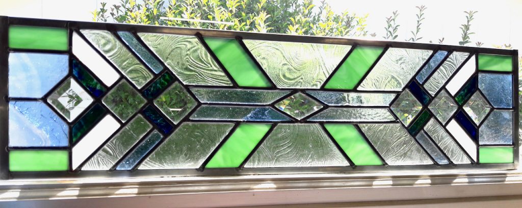 transom window stained glass beveled glass green blue white clear texture Caron Art Glass Michelle Caron