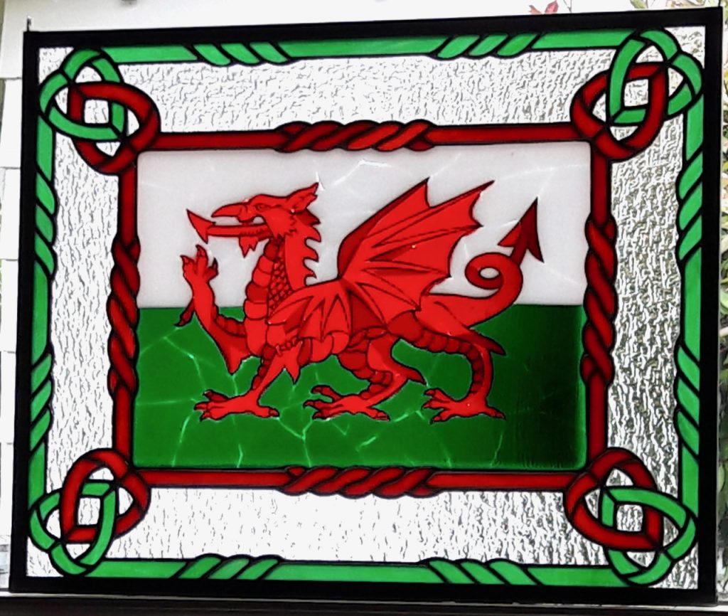 Welsh Red Dragon stained glass fused glass panel Cymru Ddau red green clear texture Caron Art Glass Michelle Caron
