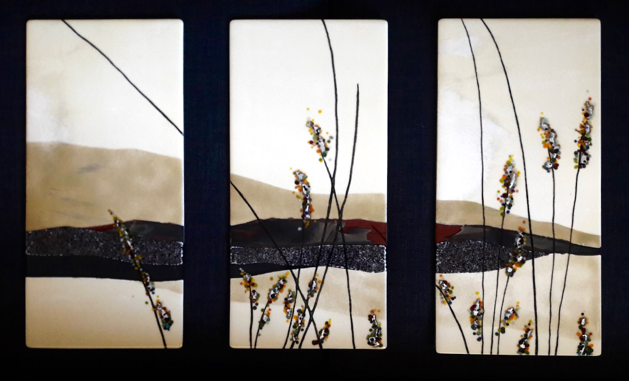 Caron Art Glass Michelle Caron custom art hand crafted gifts Gathering triptych fused glass silver fuming desert scape seed heads vanilla gray red brown steel blue ochre green aqua pumpkin Caron Art Glass Michelle Caron