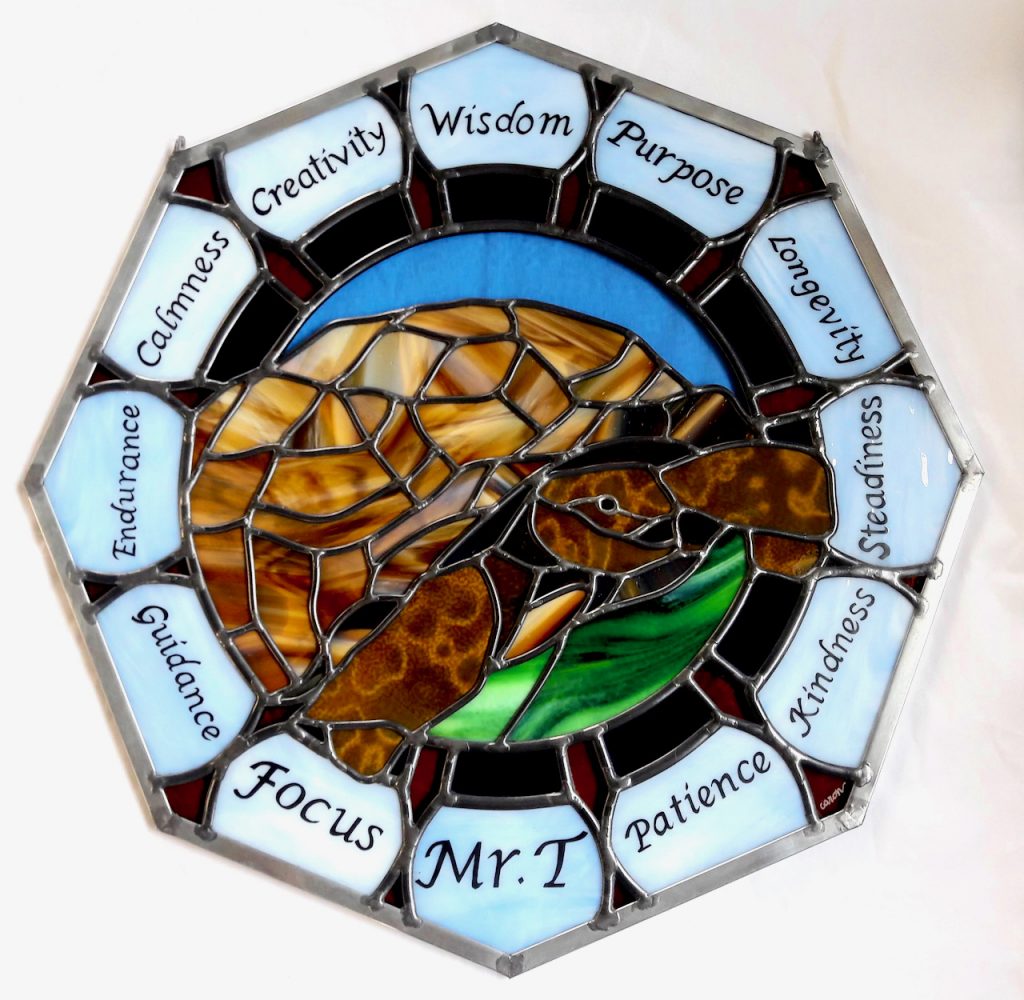 octagonal panel Mr. T stained glass hand painted text without back light turtle brown green blue Caron Art Glass Michelle Caron