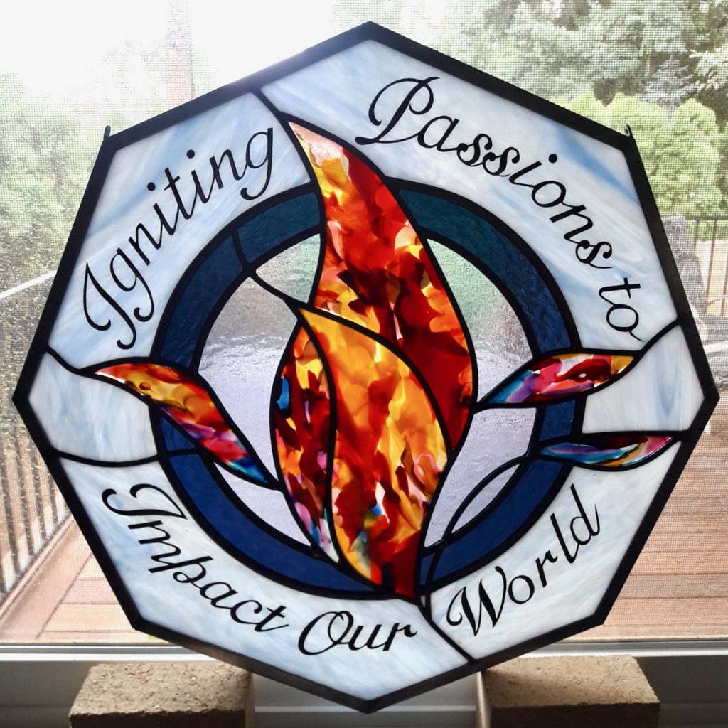 octagonal panel The Flame hand raked fused glass stained glass hand painted text red orange yellow blue Caron Art Glass Michelle Caron