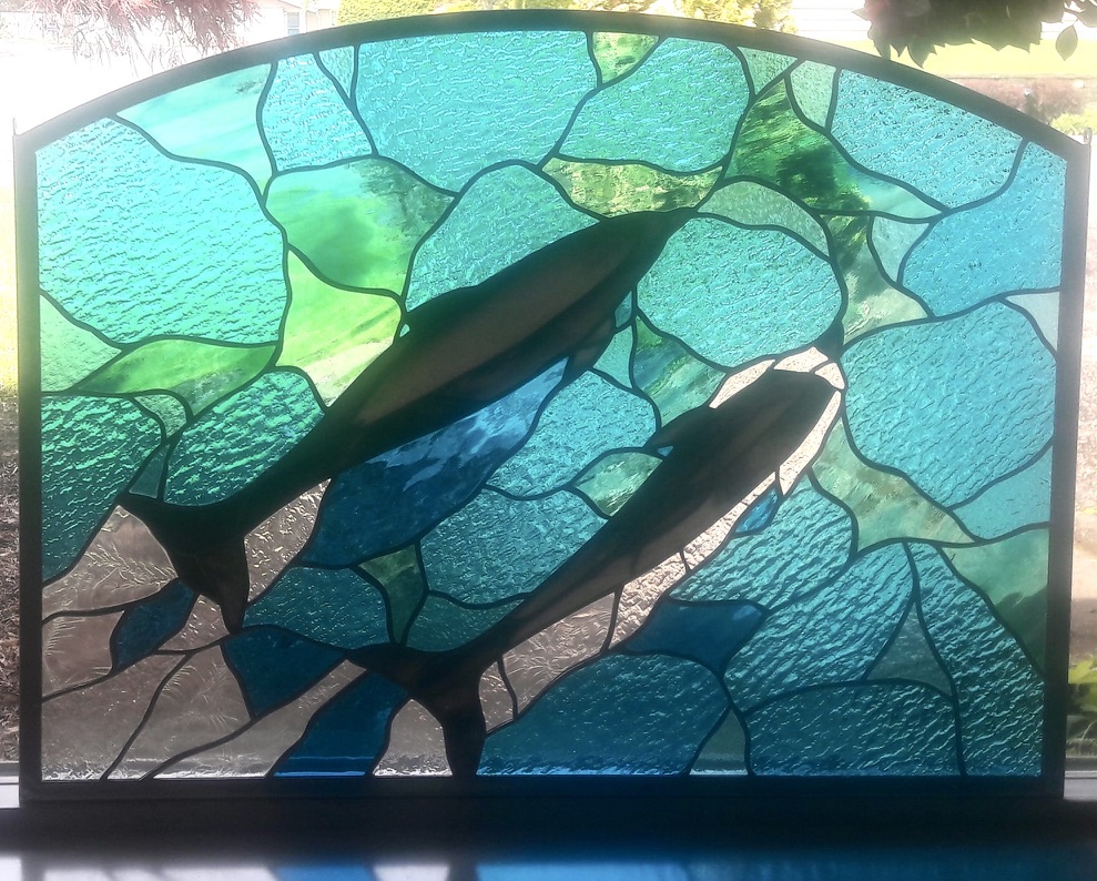 Caron Art Glass Michelle Caron stained glass dolphins aqua gray Dolphin Moon