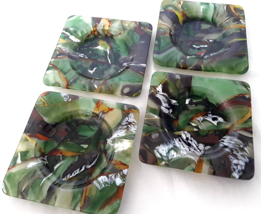 Caron Art Glass Michelle Caron hand raked fused glass table ware wine bottle coasters green brown Forest Deep
