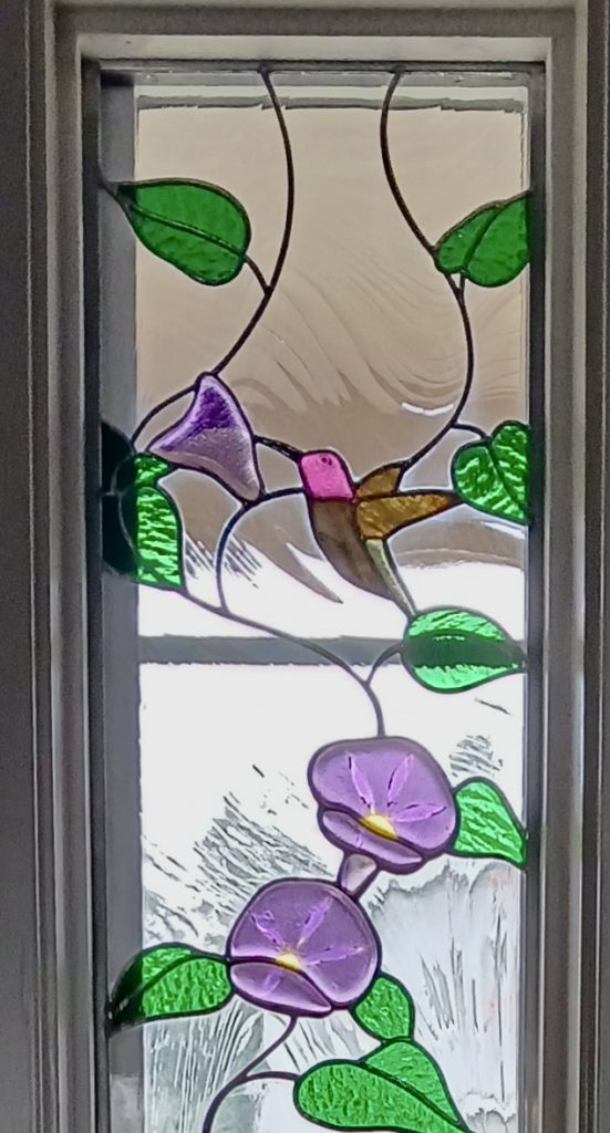 Caron Art Glass Michelle Caron stained glass fused glass morning glories hummingbird sunshine dragon oxalis purple green Morning Glory