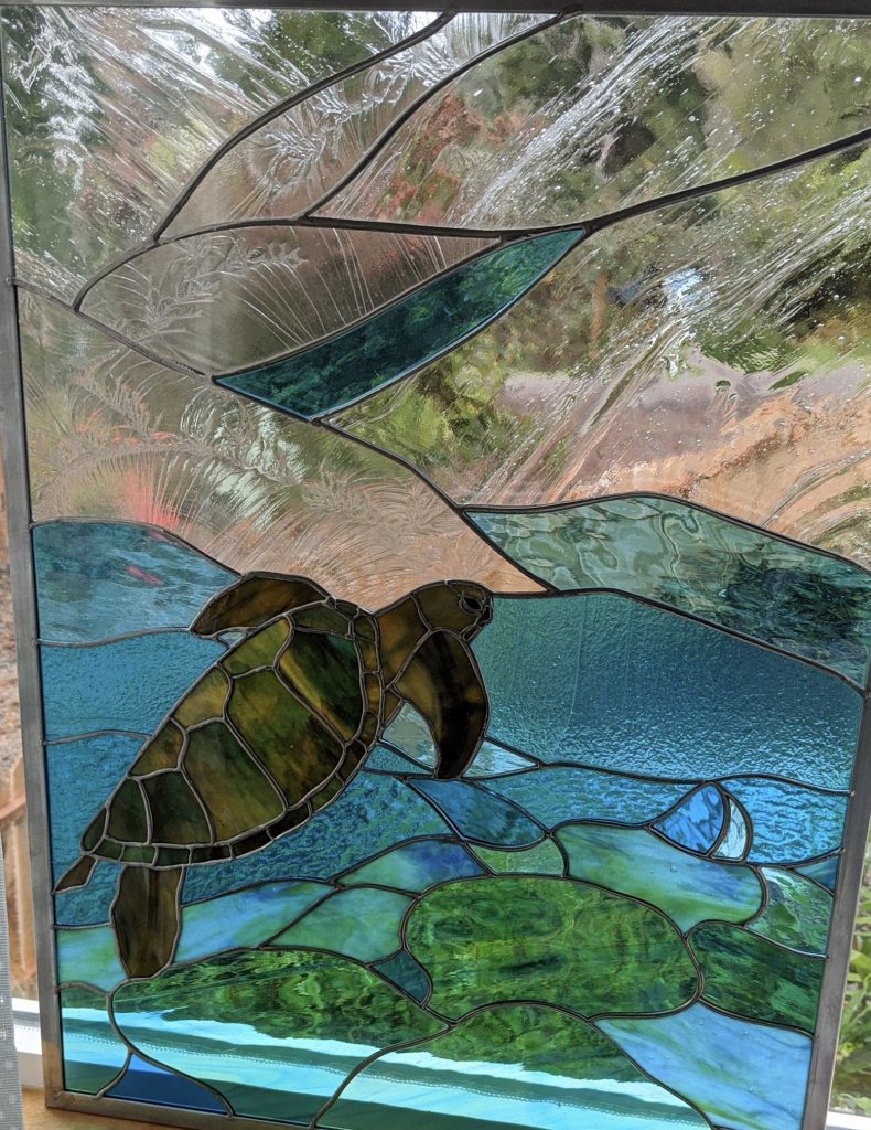 Caron Art Glass Michelle Caron stained glass panel sea turtle ocean turquoise clear brown Holoholo