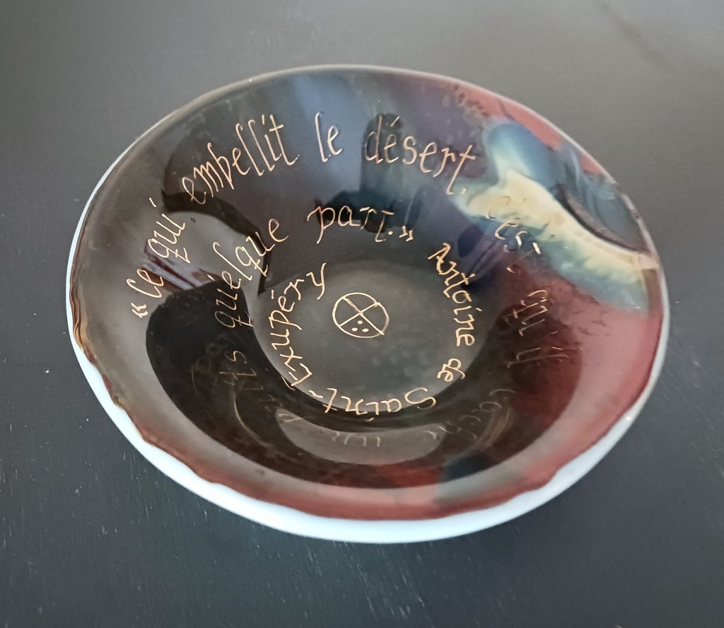 Caron Art Glass Michelle Caron fused glass gray brown red robin's egg blue Antoine de Saint-Éxupéry quote French small bowl Blessing Bowl