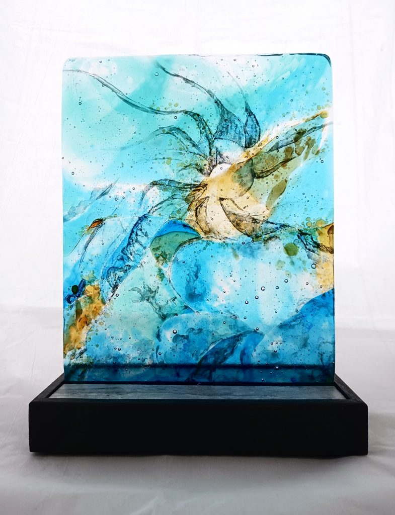 Caron Art Glass / table art / table top sculpture / Blue Print / hand painted fused glass, slate and wood base / blue, aqua, amber / rectangular