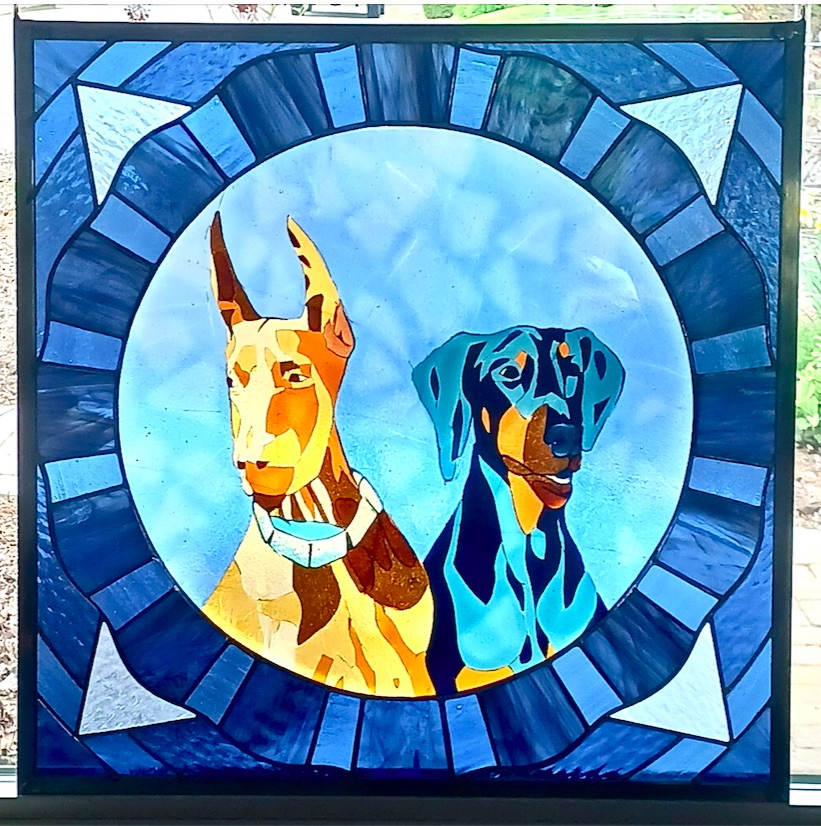 Caron Art Glass / stained glass window / Hope n Hannibal / fused glass, stained glass / blue, amber, black / square