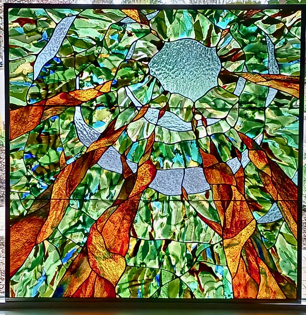 Caron Art Glass / architectural glass / interior staircase wall window / Resonance / hand raked fused glass, stained glass / green, brown / square