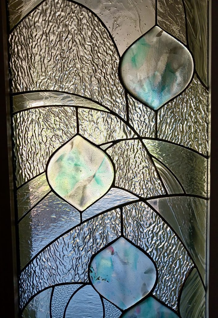 Caron Art Glass / architectural glass / sidelight / Spring Tide - detail / stained glass, textured clear glass, hand raked fused glass / aquamarine, gray, white / rectangular