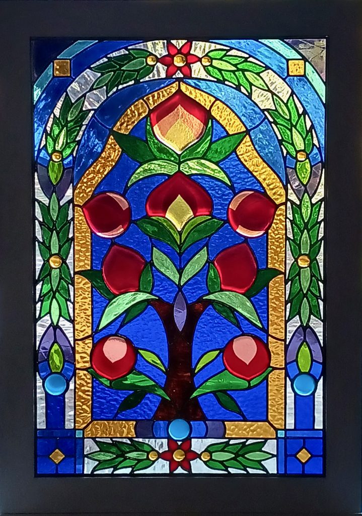 Caron Art Glass / art glass panel / stained glass window / Tree of Immortality / stained glass, fused glass elements / blue, red, green, amber, purple, turquoise/ rectangle