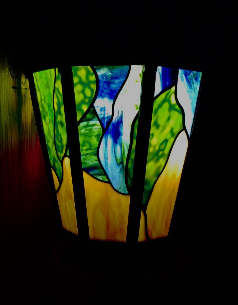 Caron Art Glass lantern lamp pole light stained glass blue green cream organic shapes octagonal Llama Lamp